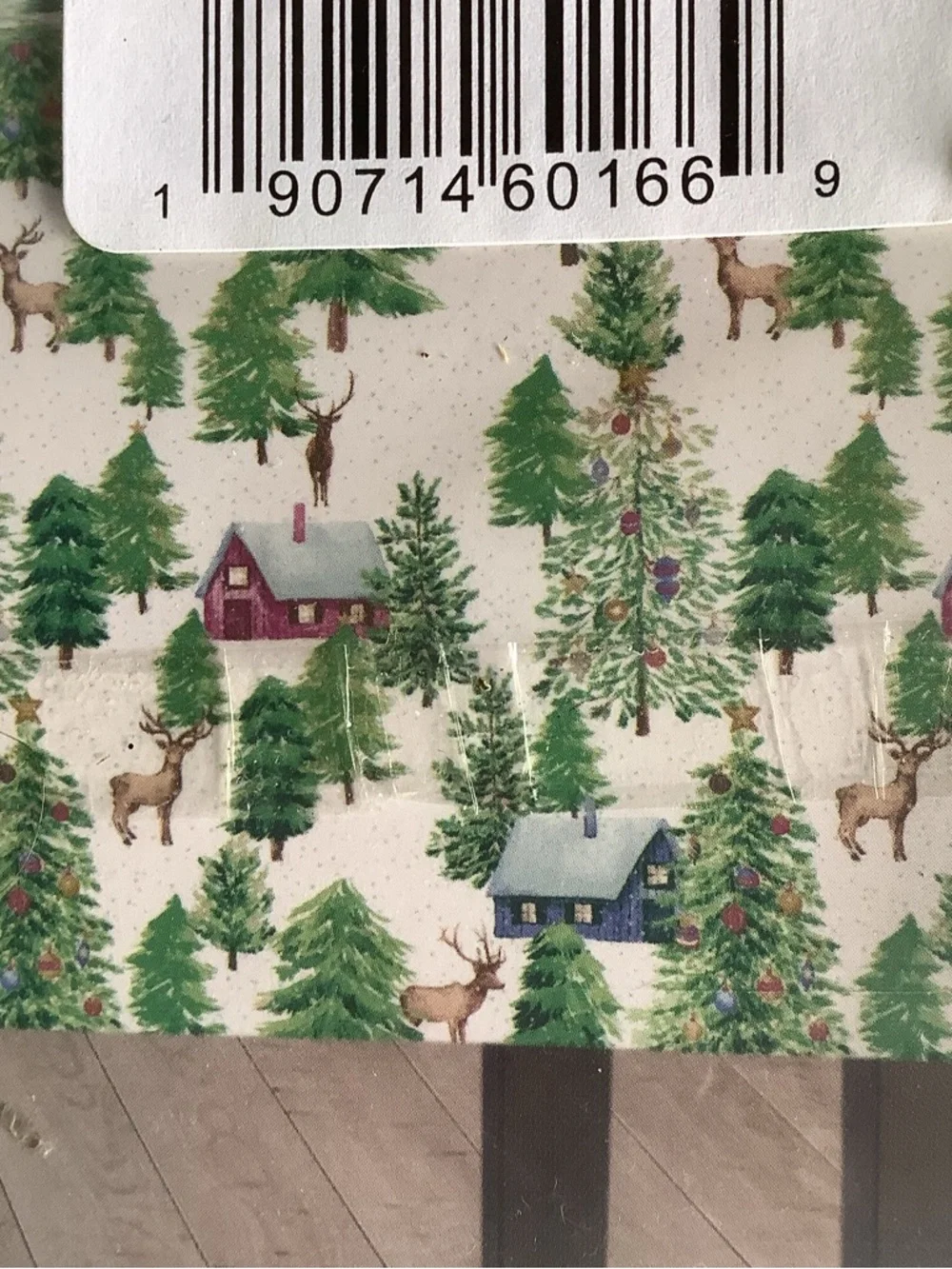 Festive Holiday Cotton Tablecloth with Green Tree, Reindeer and Cabin design